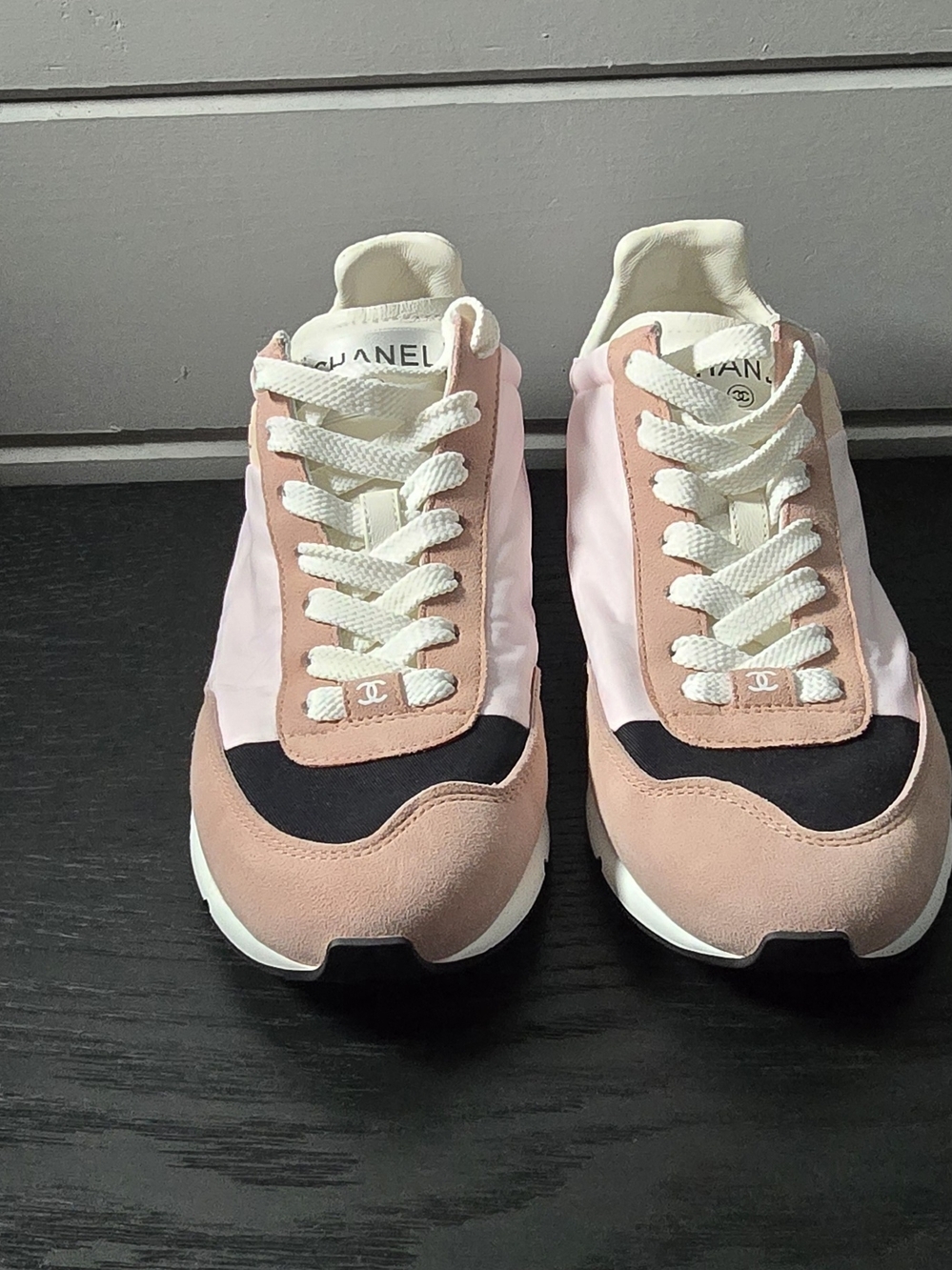 New Chanel Pink and Black Low-Top Sneakers with Dust Bags